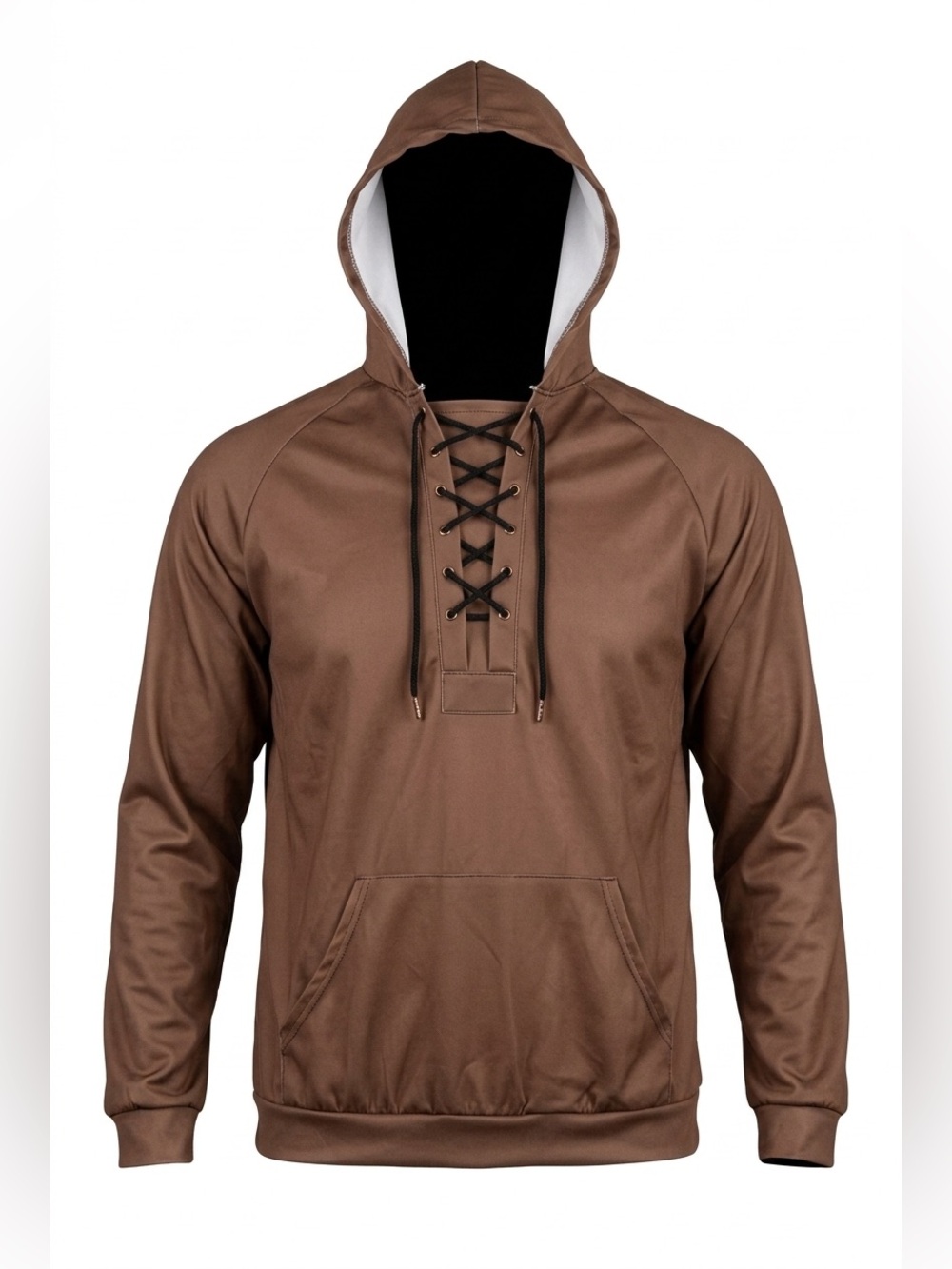 Men’s Lightweight Brown Lace-Up Pullover Hoodie Size L